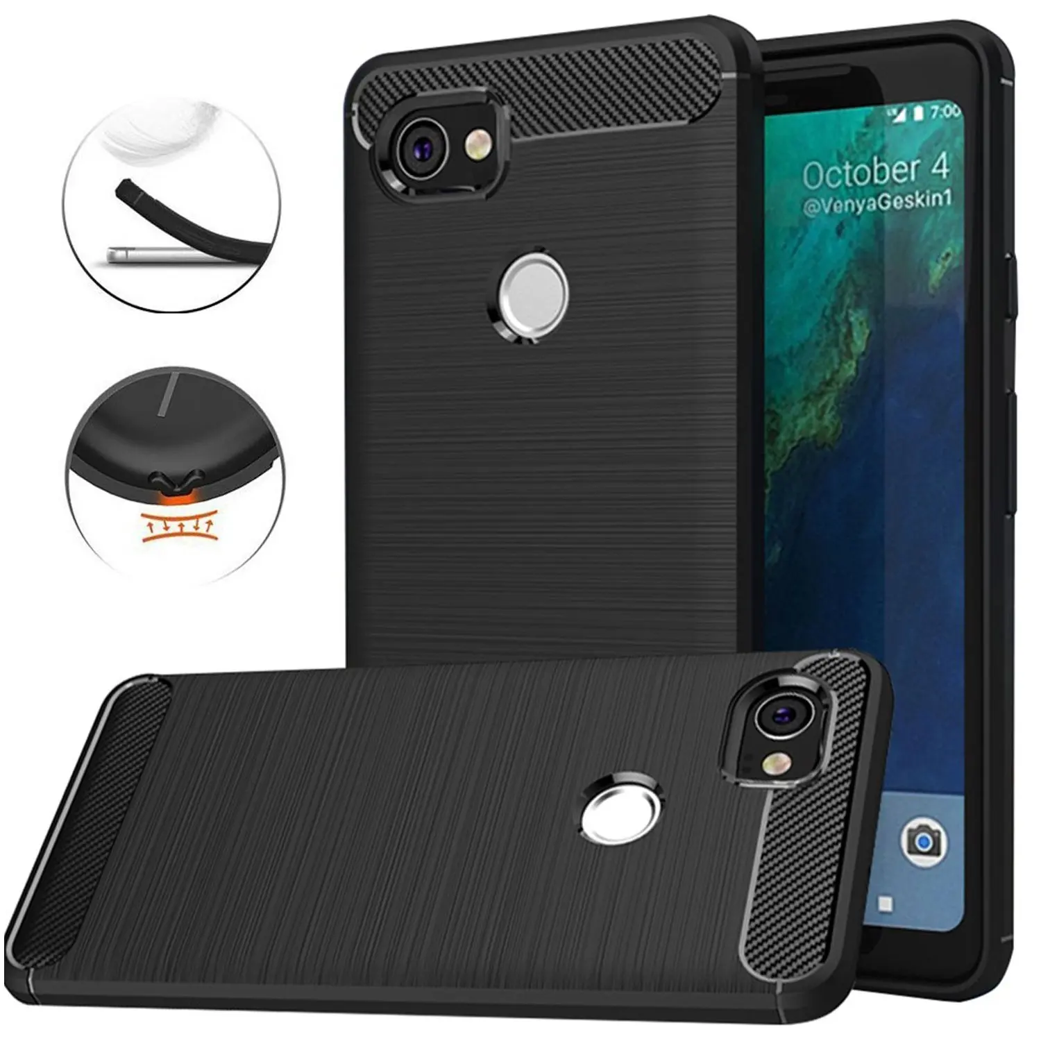 For Google Pixel XL2 /Pixel 2 XL Case Slim Brushed Carbon Fiber Texture Cover Shock Resistant Soft Rubber Phone Protective Shell