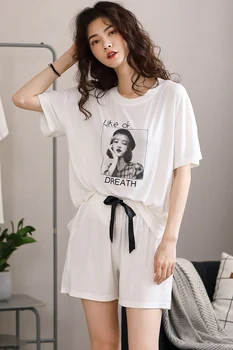 

Women's pajama set O neck short sleeve casual top short pant set thin summer soft modal plus size night suit home wear