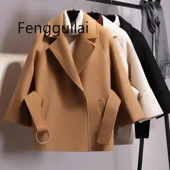 

FENGGUILAI 2019 New Fashion Black Beige Short Coat Women Short Woolen Coat Belt Jacket Winter Spring Autumn Coat
