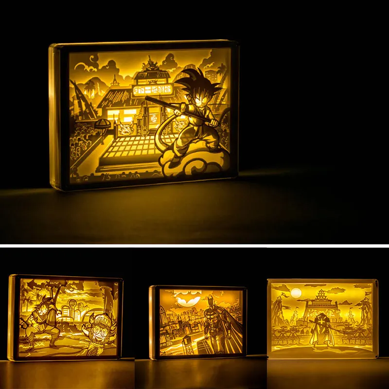 One Piece Edward Newgate Dragon Ball Z Goku Arale Batman LED 3D Night Light for Children 3d Paper Carving Table Lamp Home Decor