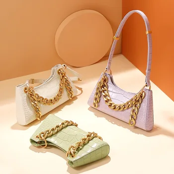 

Pathto Genuine Leather Baguette Bags for Women 2020 Luxury Designer Hand Bag Adjustable Strap Crocodile Pattern Shoulder Bag