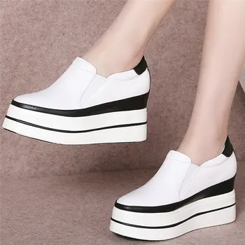 

2020 Fashion Sneakers Women Genuine Leather Wedges High Heel Vulcanized Shoes Female Round Toe Platform Pumps Shoes Casual Shoes