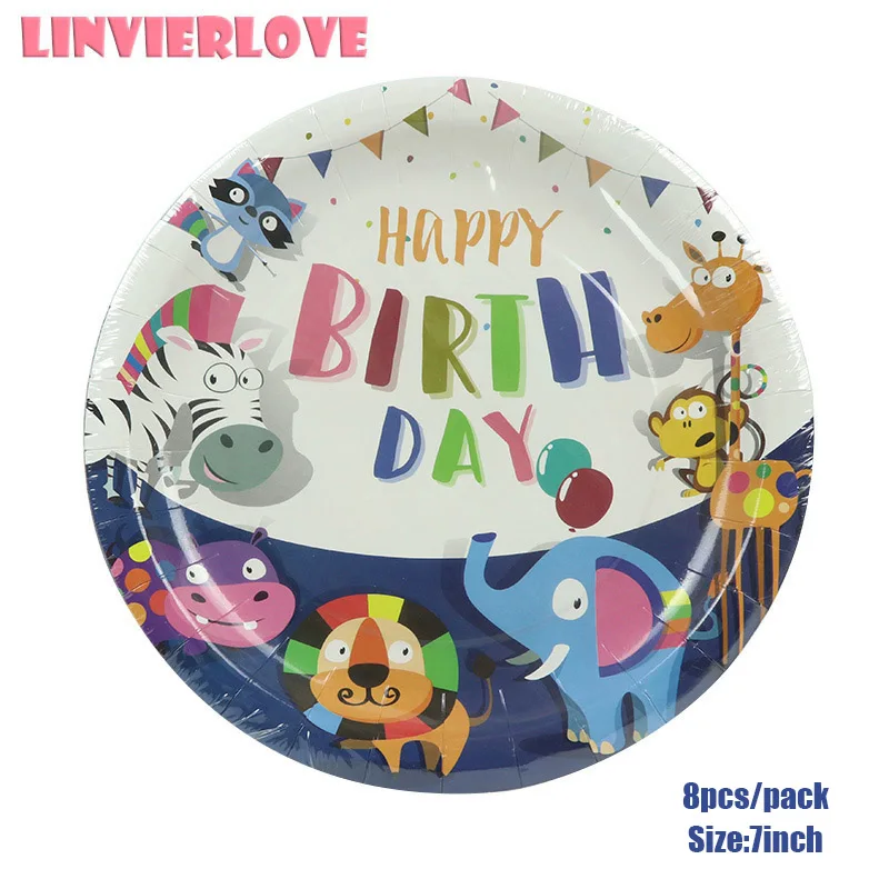 LINVIERLOVE 16 шт. бумажная чашка с животными+ тарелка для дня рождения Зебра слон одноразовые наборы посуды вечерние принадлежности для декора