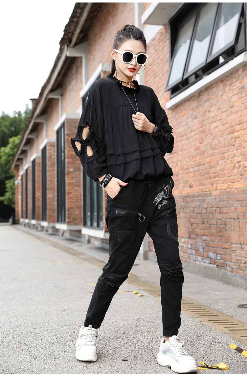 Vefadisa Hollow Out Long Sleeve T-shirt Fungus Patchwork Women T-shirt 2020 Autumn Plus Size Women T-shirt Black Red QYF3671
