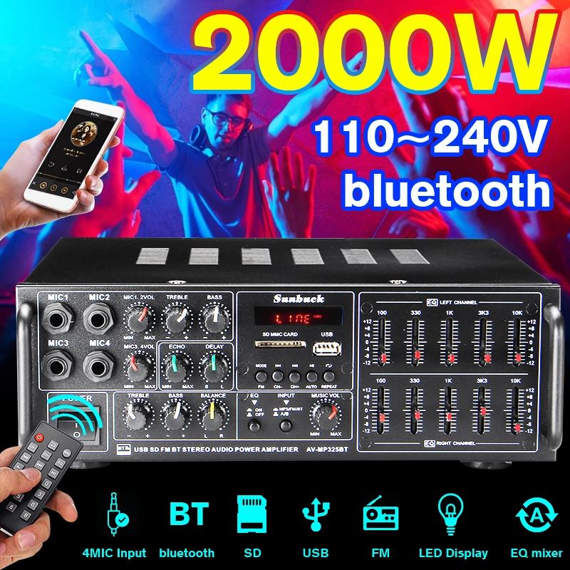 US $36.96 Bluetooth SD USB FM 4Mic Stereo Amplifier 2000W 2 Channel Tuner HIFI Remote Home Audio HiFi