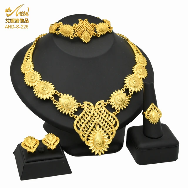 Indian Jewelry Set Wedding 24k Gold Color African Jewelry Dubai Bridal Sets Nigerian Necklace Bracelet Earring Gold Jewellery S-226-Gold