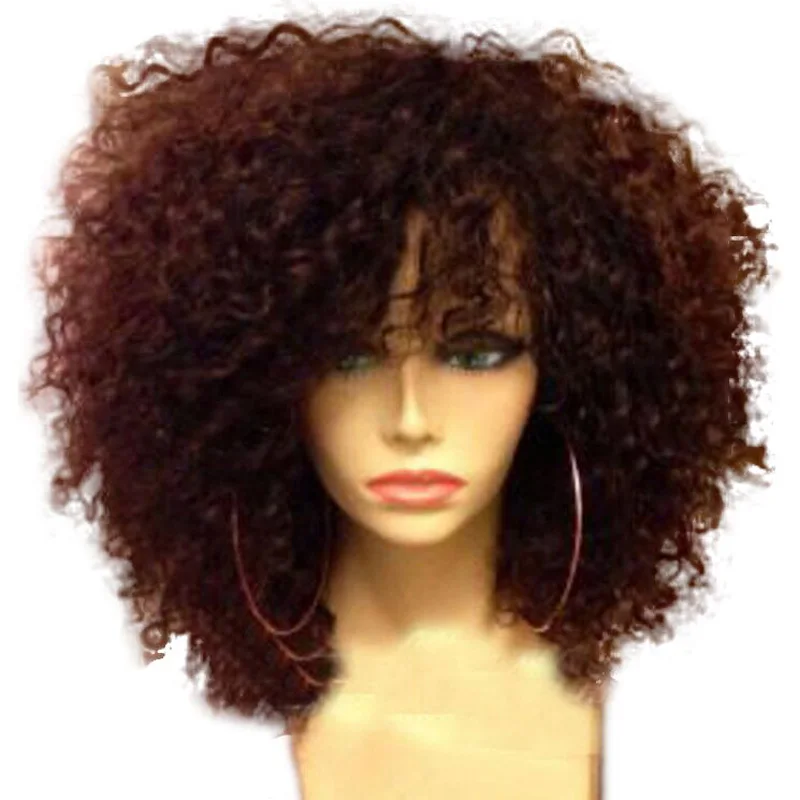 Kinky Curly Human Hair Wig with Bangs Natural Scalp Top Machine Made Curly Wig For Black Women Brazilian Remy Hair 180% Density
