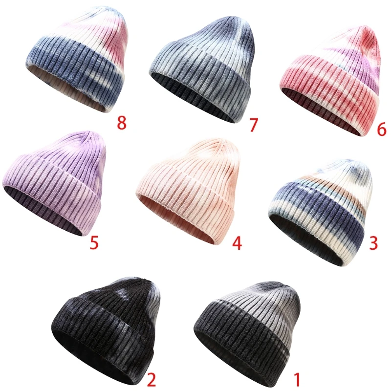 

Winter Warm Ribbed Knit Beanies Hat Gradient Tie-Dye Hip Hop Cuffed Skull Cap 7XEC