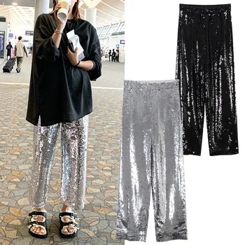 

New bright casual pants flash chip solid color personality loose wide leg pants pants women s pants