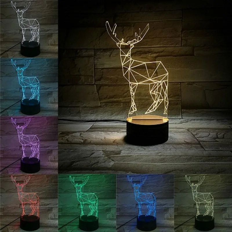 A VCity Deer 3D Многоцветная лампа ночник-иллюзия День рождения Рождественские подарки для детей Lover спальня атмосферное освещение украшения - Испускаемый цвет: A