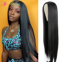 

32 Inch Long Yaki Straight Synthetic Wigs for Black Women X-TRESS Darker Brown Natural Looking Middle Part Machine Made Hair Wig