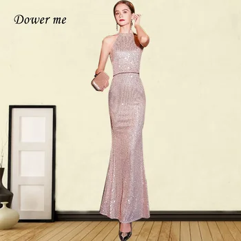 

Elegant Evening Dresss GK126 Zipper Halter Sleeveless Robe De Soiree Sequined Shining Formal Gown Mermaid Long Evening Dress