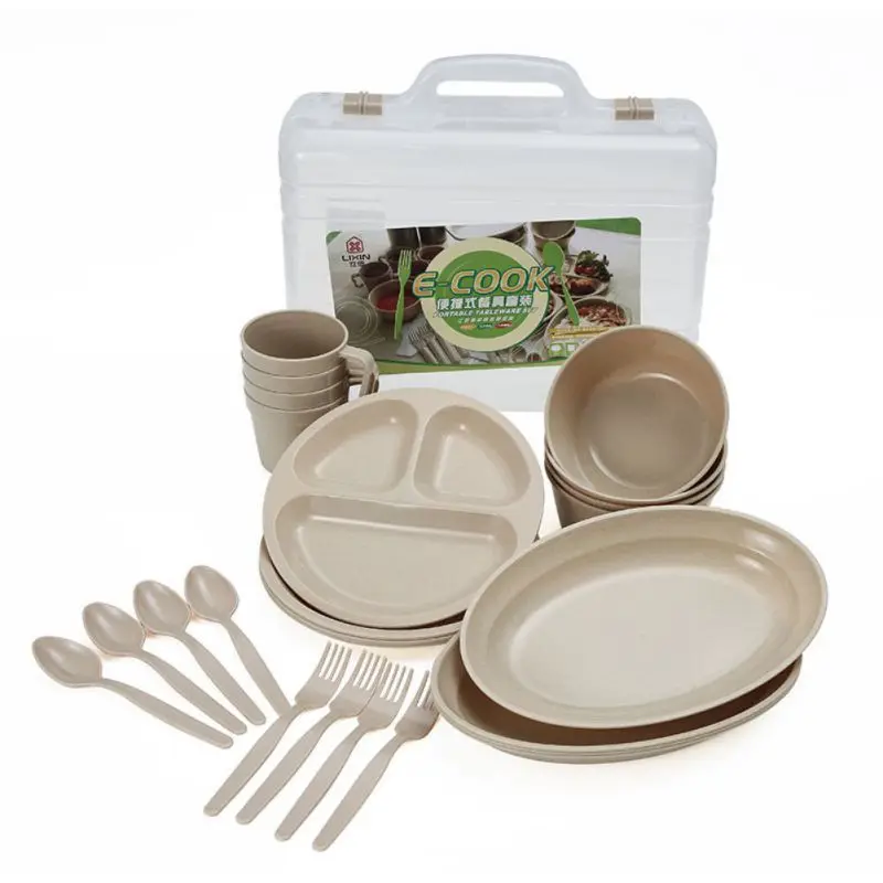 

Outdoor Tableware Kit Lightweight Portable Reusable Food Grade Bowl Plate Cup Spoon Fork Set