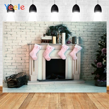 

Yeele Merry Christmas Tree Balls Pink Stockings Fireplace Background Photophone Photography Backdrop for Decor Customized Size