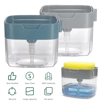 

2-in-1 Sponge Rack Soap Dispenser 13 Ounces Soap Pump & Sponge Caddy Bathroom Kitchen Organizer Household Cleaning Accessories