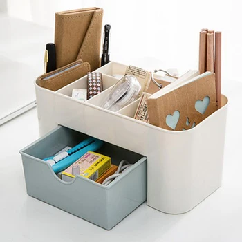 

Pink Blue Green Plastic Makeup Organizer Make Up Brush Storage box with Drawer Cotton Swabs Stick Storage case