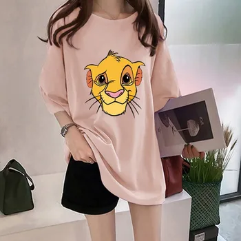 

Plus Size 2020 The Lion King Cartoon Print Pink Tshirt Women Loose Summer Shirts Short Sleeve Casual Streetwear Long Top Tees