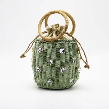 

Summer Round Rattan Handmade diamond Pearl Bag Bohemian Leisure Straw Bag Bucket Knitting Shoulder Crossbody Beads Beach Bag