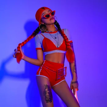 

Sexy Nightclub Bar Women's Hip Hop Jazz Dance Costume Suit Female Singer Sexy Mesh Tops Bikini Set Party Dance Costumes DL6326