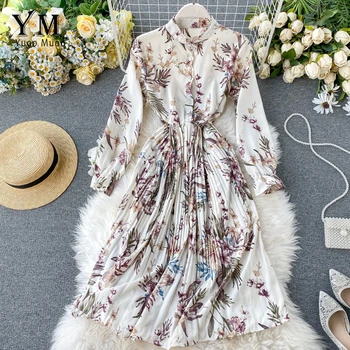 

YuooMuoo Vacation Dress New Arrival 2020 Spring Long Sleeve Flower Print Pleated Dress Elegant Women Midi Dress for Holiday