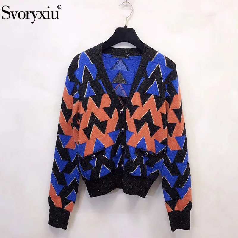 

Svoryxiu Designer Autumn Winter Cashmere Gold Line Knitting Cardigan Women's Long Sleeve V-Neck Geometric Sweater Cardigan