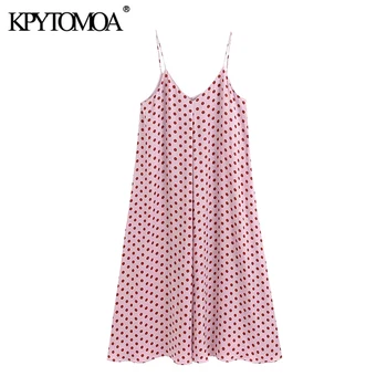 

KPYTOMOA Women 2020 Sweet Fashion Polka Dot Midi Dress Vintage V Neck Backless Adjustable Straps Female Dresses Vestidos Mujer