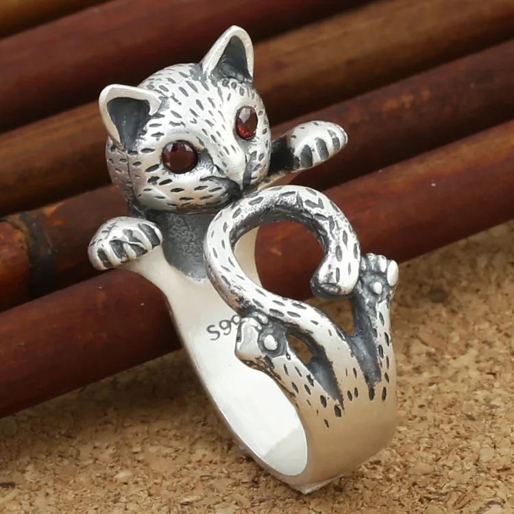 

Vintage Silver Lucky Cat Little Leopard Ruby Eye Ring Couple Ring Unisex Ring Adjustable Bring Good Fortune