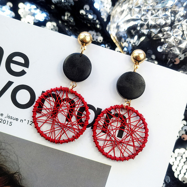 Flax Hemp Rope Round Ball Wood Women's Earrings 2020 New Style Long Yellow Blue White Candy Color Fashion Jewelry