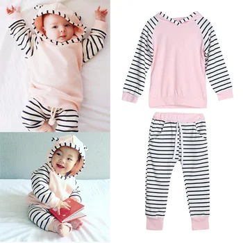 

Autumn Infant Clothing Newborn Baby Girl Clothes Two Pieces Sets Stripe Patchwork Long Sleeve Hooded Sweater Tops+trousers 6-18M