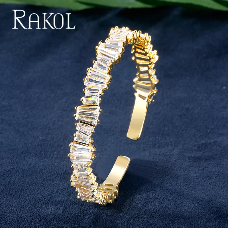 RAKOL модный AAA кубический цирконий мужской женский багет Открытый браслет манжета медная основа с золотым цветом толстый браслет ювелирные изделия RS1138