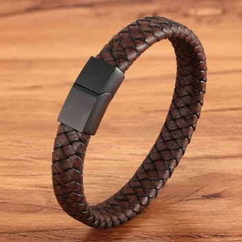 Fashion Jewelry Combination Brown Color Leather Stainless Steel Buckle Men Bracelet Hot Selling For Birthday Simple Gift