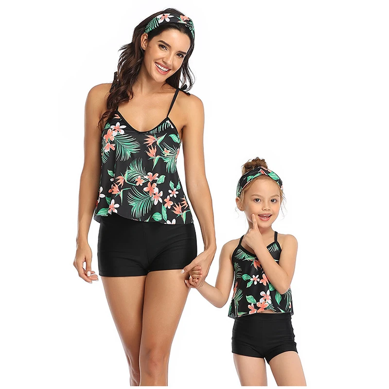 

2020 New Print Flower Summer Bikini Bathing Swimsuits Mother Daughter Swimwear Family Matching Clothes High Waist Swimming Suit