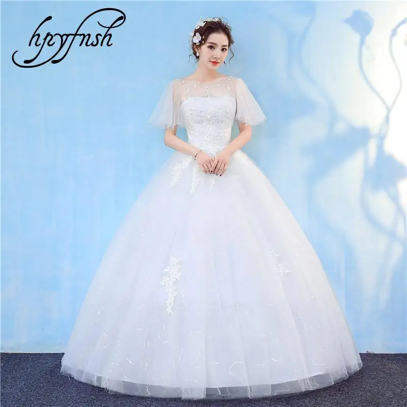 Cheap Korean 2020 New Style O-Neck Cap Sleeve Wedding Dress Lace Applique Up Big Size Thin Bridal Vestido De Noiva | Свадьбы и