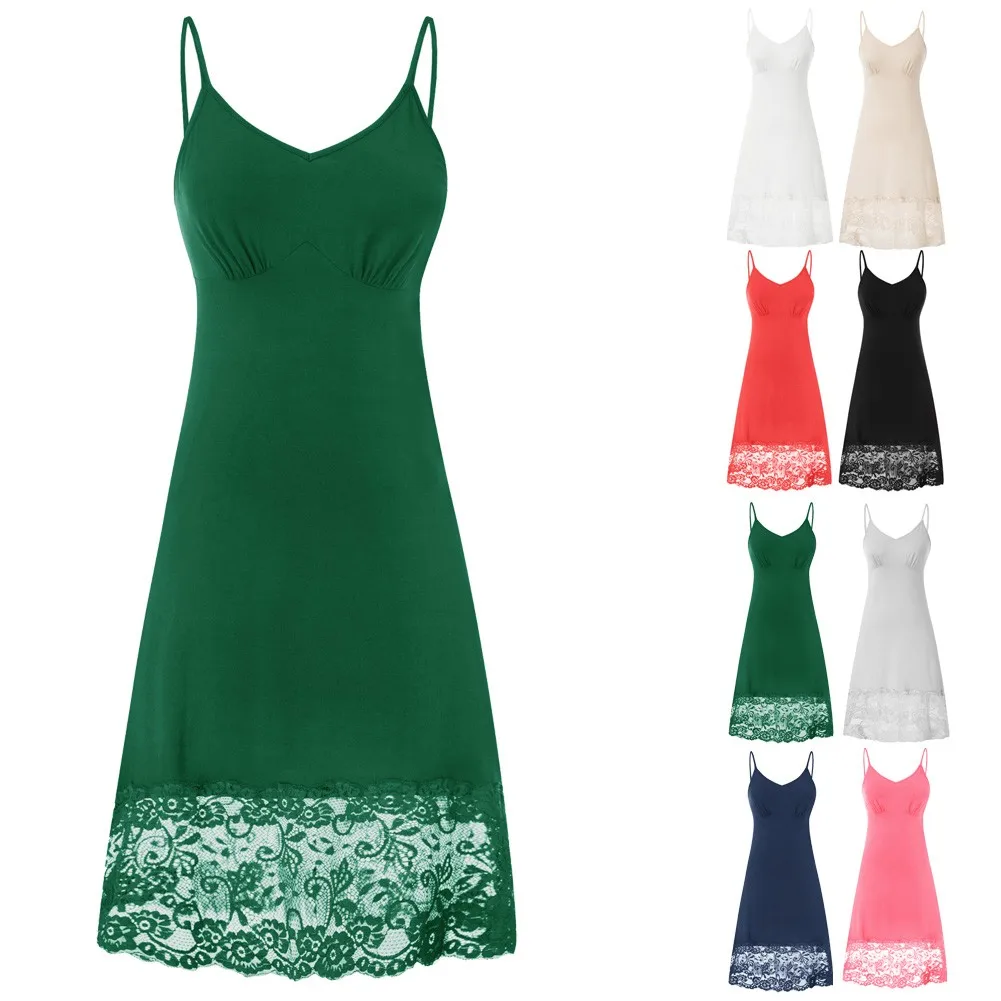 Women's Lace Hem Full Slip Dress Spaghetti Straps VNeck HipsWrapped