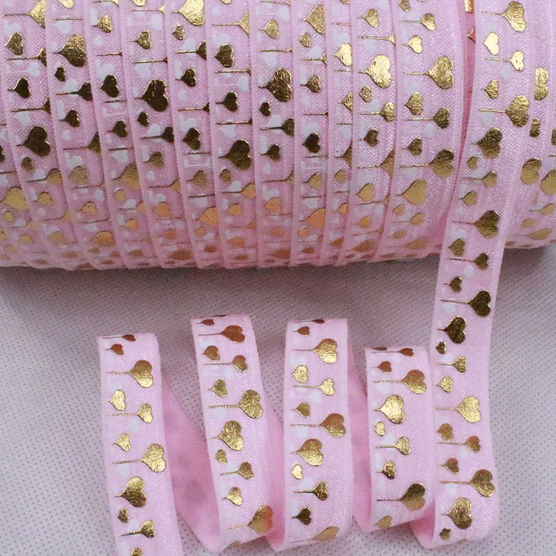 

5/8 Inch Gold Foil Heart Balloon Printed 123 Pearl Pink FOE Fold Over Elastic Ribbon For Valentine Headband
