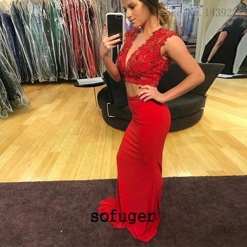 Burgundy Two Pieces Stretchable Satin Evening Dresses Prom Mermaid Lace Appliques Arabic Special Occasion Robe De Soiree Plus