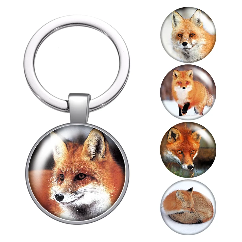 Fox animal cute clever glass cabochon keychain Bag Car key chain Ring Holder Charms silver color keychains for Men Women Gifts | Украшения