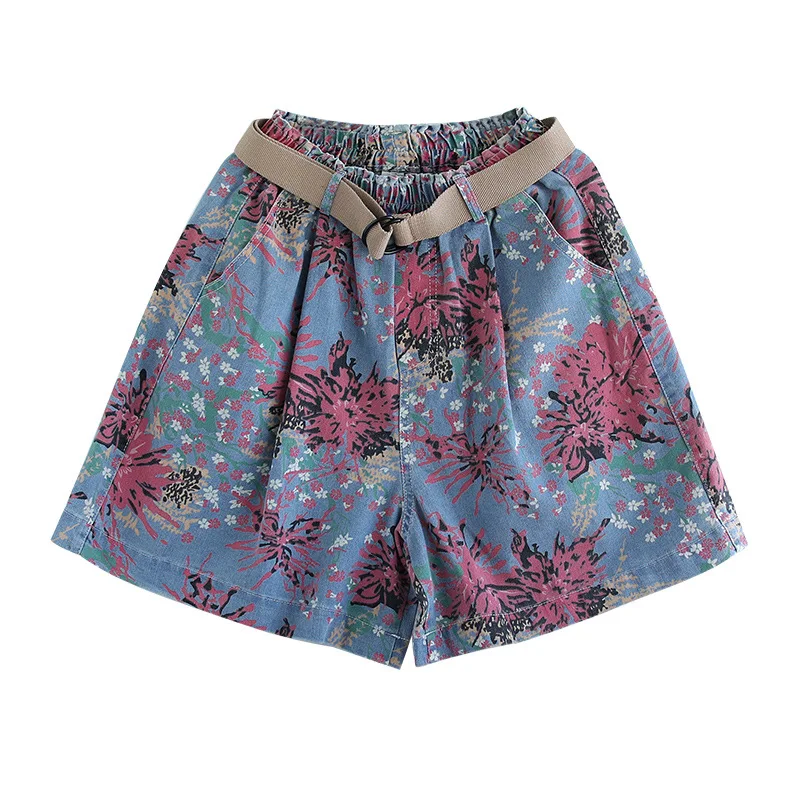 

Artistic Retro Printed Wide Leg Denim Shorts Women's National Style Loose Slimming Summer New Style shorts Belt