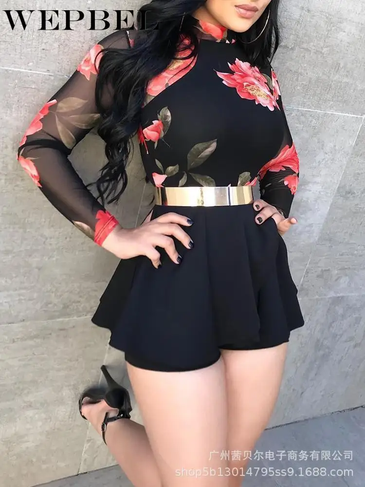 

WEPBEL Women's Fashion Printed Mesh Stitching Backless Playsuits Casual O-Neck Long Sleeve High Waist Playsuits