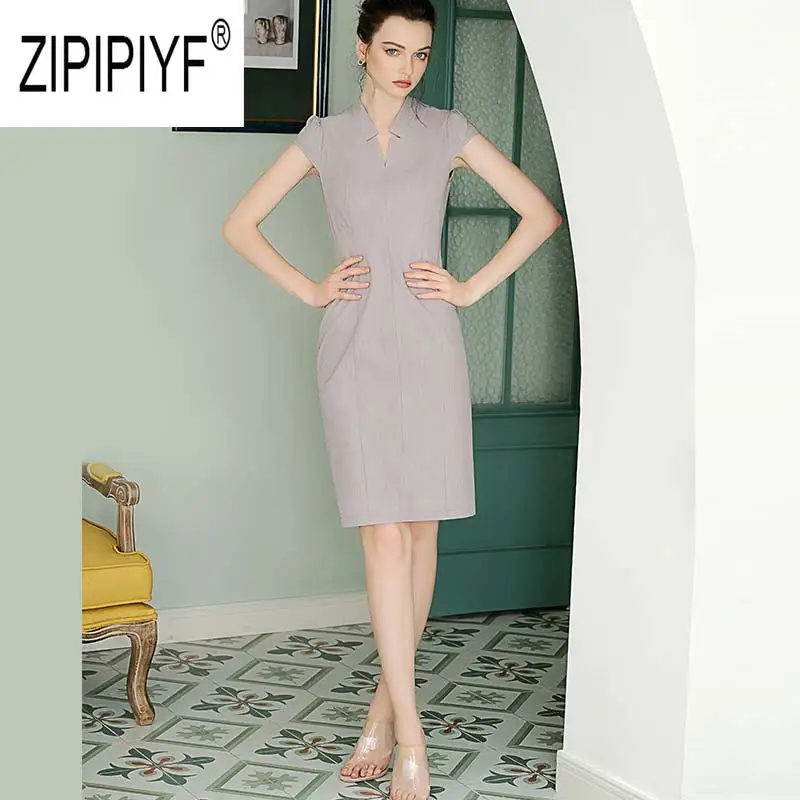 Light Gray Для женщин Мода летние платья со стоячим воротником с коротким рукавом облегающее Карандаш Короткие, однотонные, с вышивкой; платье принцессы Офисные женские туфли Элегантные платья Z2237 - Цвет: Light Gray