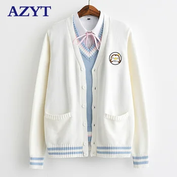

AZYT New Women Penguin Embroidery Knit Sweater Cardigan 2020 Japanese Loose V Neck Female Knitshirt