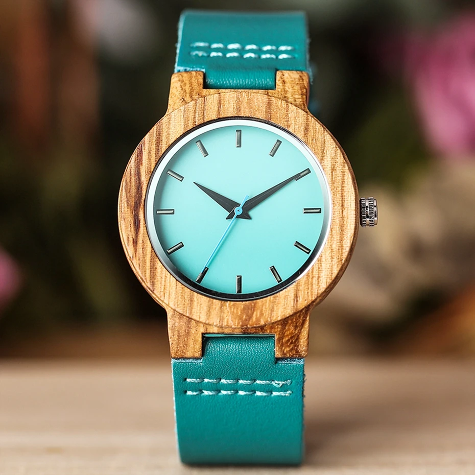 Turquoise Blue Women's Quartz Wooden Watch with Leather Band - Modern Bamboo Fashion Timepiece