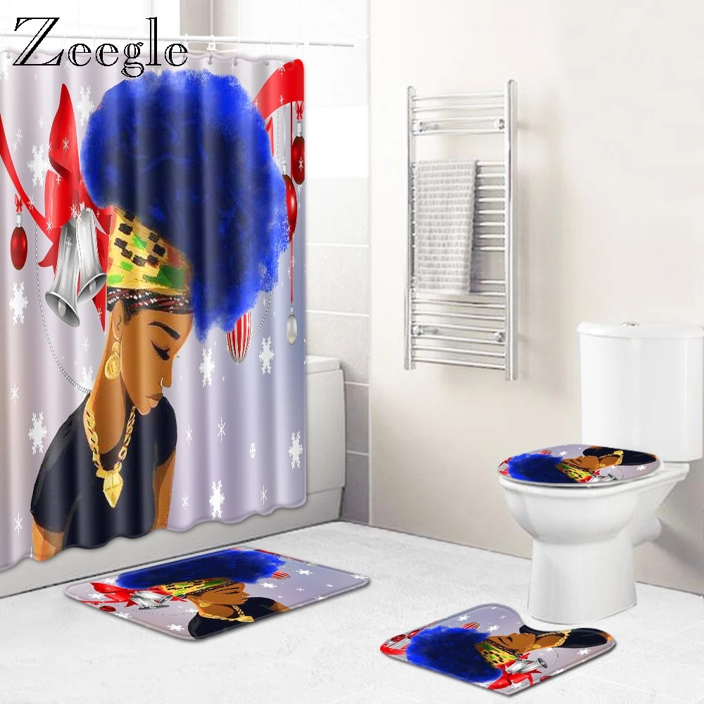 Zeegle Creative Toilet Shower Curtian Christmas Bath Mat Set Anti-slip Toilet Floor Rug Modern Decoration Bathmat Dustproof Rug