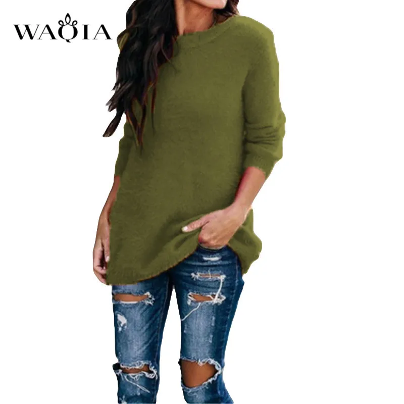 Осенне-зимний плюшевый свитер размера плюс 5XL, повседневный однотонный вязаный свитер с длинными рукавами и круглым вырезом, повседневные свободные женские джемперы - Цвет: Армейский зеленый