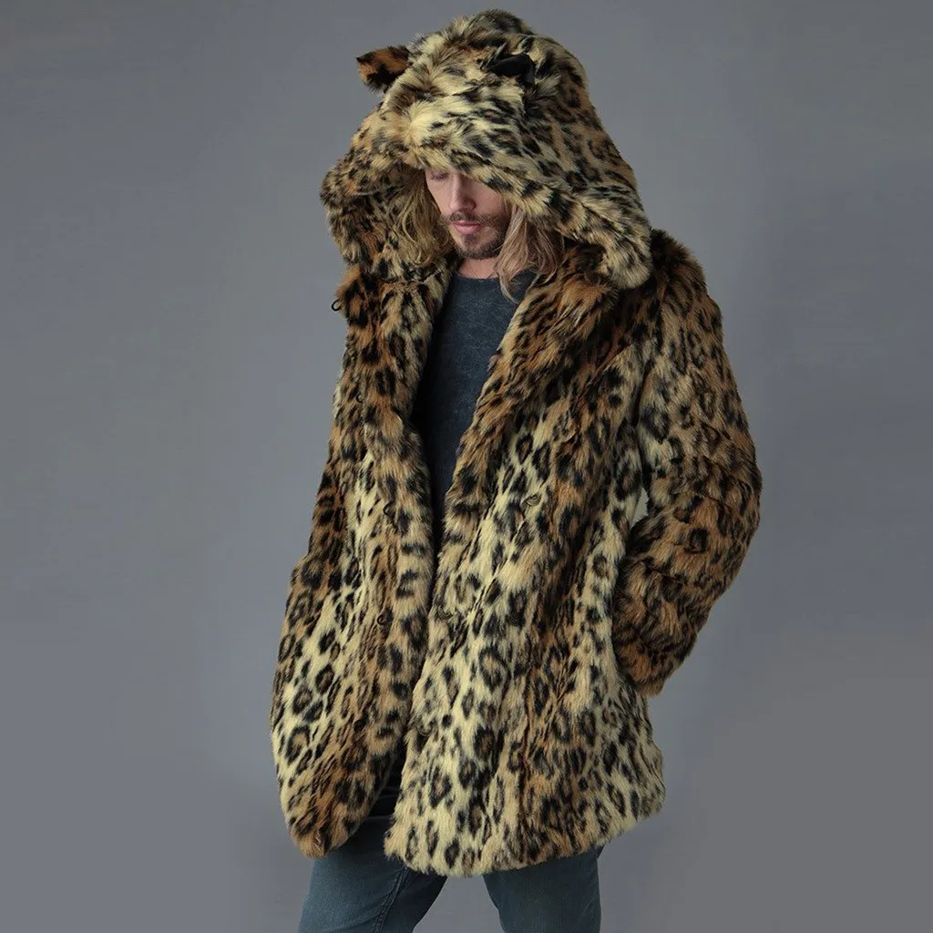 Роскошные зимние мужские длинные пальто из искусственного меха леопардовое пальто с принтом мужские теплые леопардовые толстые пальто с капюшоном куртка из искусственного меха Верхняя одежда Пальто# g4