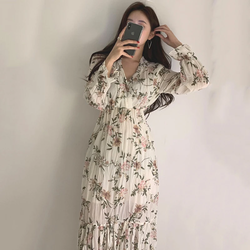 

Beautiful Lady Chiffon Dress Spring Autumn Flower Print Flare Sleeve Midi Dress Vintage Robe Femme Vestido Mujer Vestiti