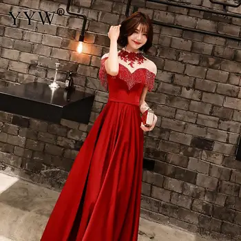 

Red 2019 Luxury Slim Party Evening Dresses Sequins Tassel Long Dress Applique Hollow Mesh Sexy Robe Femme Elegant Formal Gowns