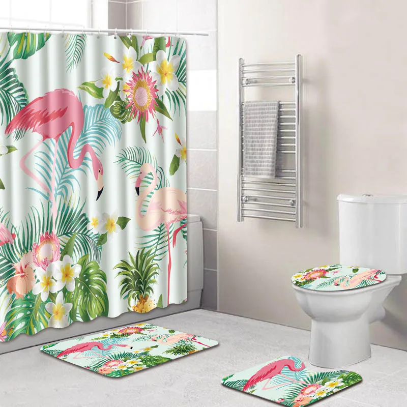 

Flamigo Print Shower Curtain Bathroom Waterproof Polyester Fabric Anti-slip Bath Mat Toilet Seat Cover Carpet Bathtub Art Decor