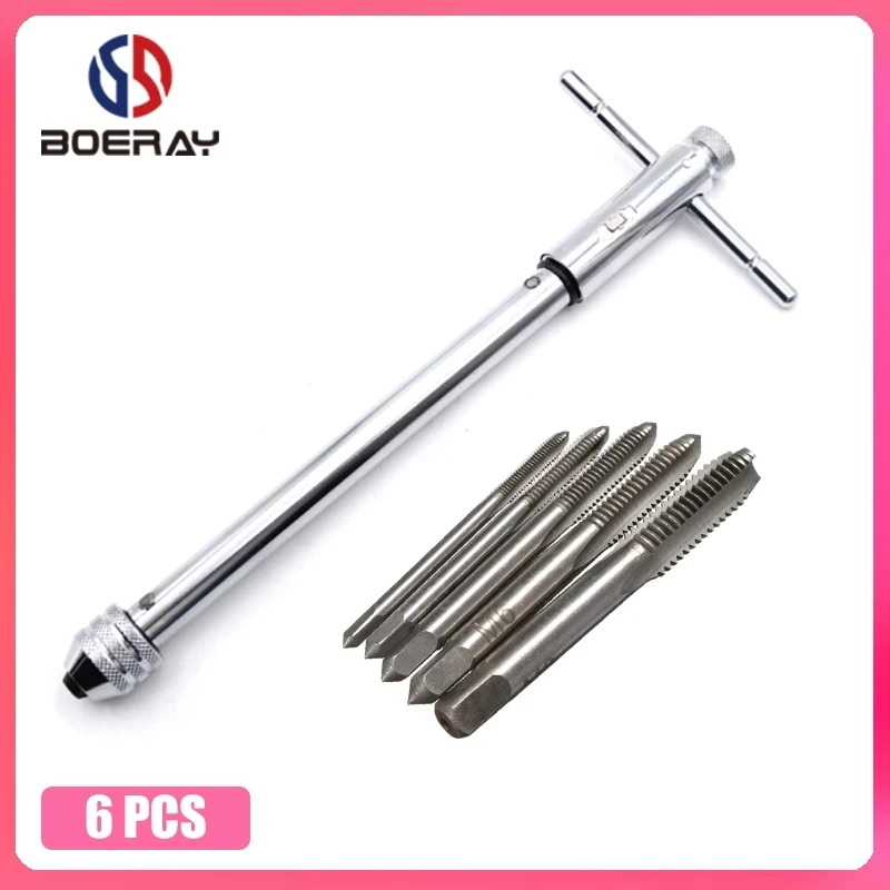 

Adjustable Ratchet Wheel Hand Tap Wrench Holder Reversible Bothway and 5PCS M3-M8 Metric Tread Tap Manual Tapping Accessories