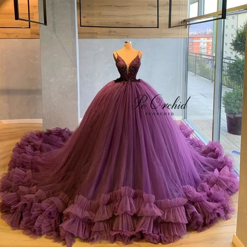 PEORCHID Principessa Viola Abito Da Sposa Abito di Sfera 2020 Elegante  Scollo A V Volant di Tulle Bordato il Vestito Da Sposa Robe Mariage  Femme|Wedding Dresses| - AliExpress